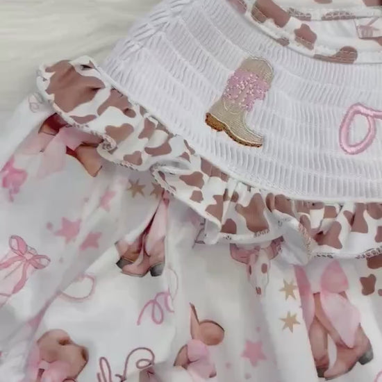 Rodeo Cowgirl 1st Birthday Smocked Romper: Holy Cow I'm ONE Pink Ruffles and Bows