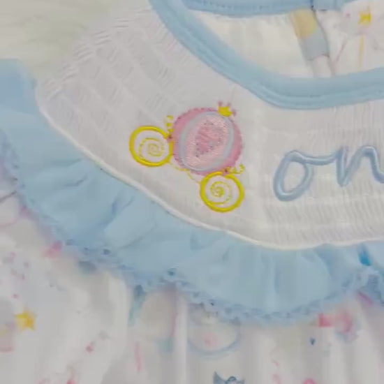Princess 1st Birthday Smocked Romper: One-ce Upon a Time Blue Ruffles and Bows