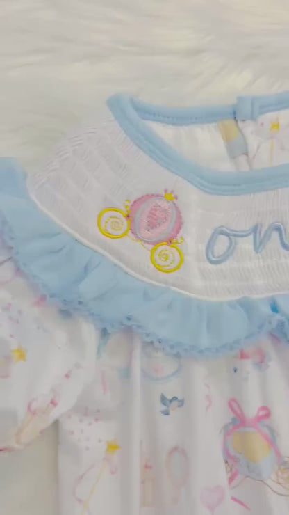 Princess 1st Birthday Smocked Romper: One-ce Upon a Time Blue Ruffles and Bows