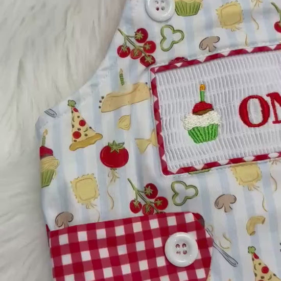 One Little Meatball Overalls Smocked Romper: Holy Cannoli Italian First Birthday Boy Outfit