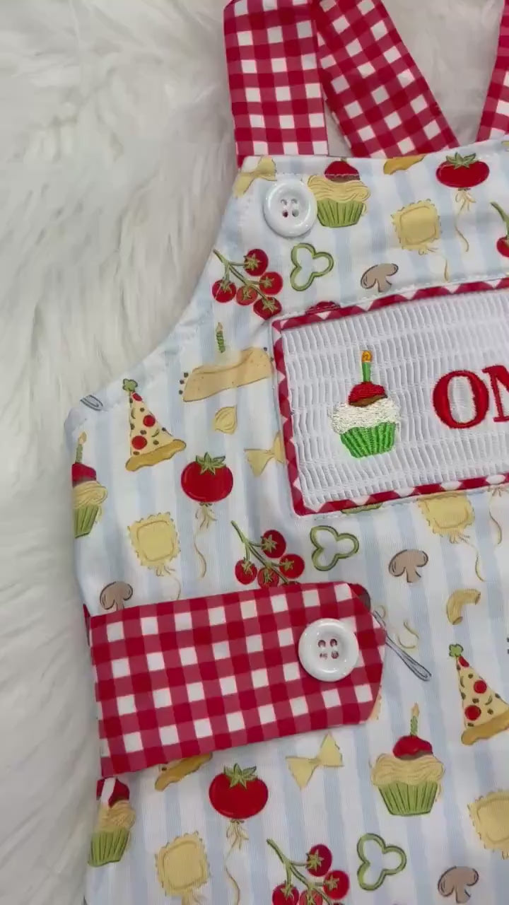 One Little Meatball Overalls Smocked Romper: Holy Cannoli Italian First Birthday Boy Outfit