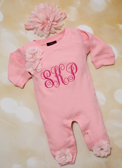 Personalized Pink Baby Girl Monogrammed Romper with Matching Headband