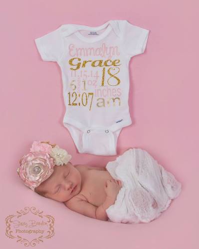 Pink & Gold Newborn Princess Birth Facts Custom Bling Onesie