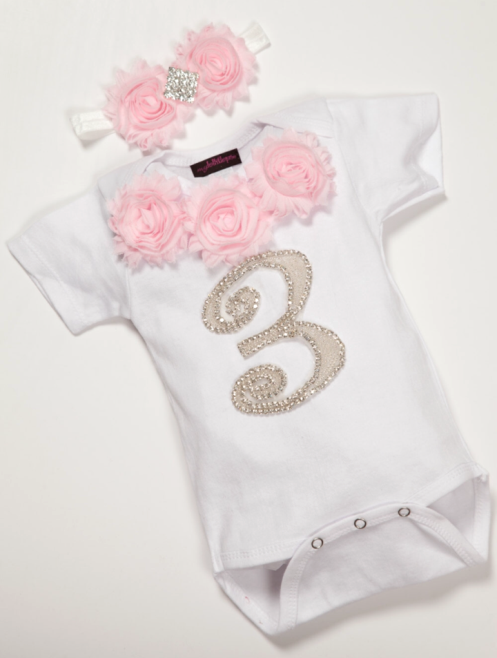Three Month Old Baby Girls Onesie with Pink Chiffon and Rhinestones Outfit