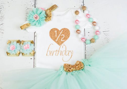 Gold and Mint Half Birthday Baby Girl Onesie Tutu Outfit