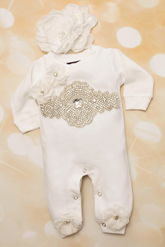 Infant Baby Layette White Cotton Romper with Large Rhinestone Applique and Flower Headband