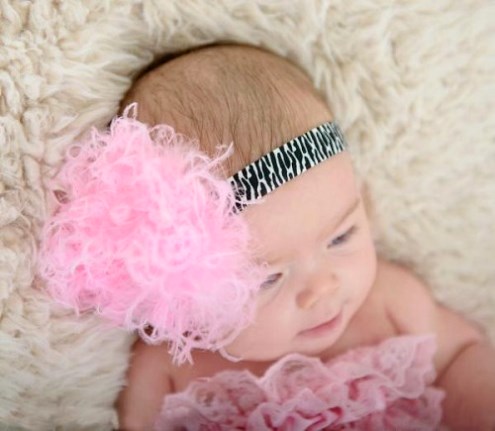 Zebra Flowerette Burst Headband with Pink Curly Marabou Feather Puff