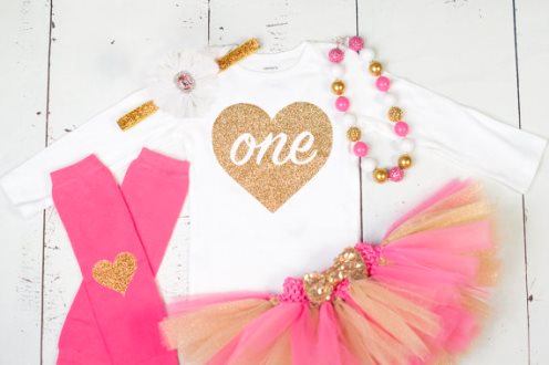 Girls First Birthday Hot Pink Gold ONE Glitter Onesie Tutu Outfit Set
