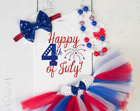 Baby Girls Patriotic Happy Fourth of July Sparkle Glitter Fireworks Onesie Tutu Outfit Set