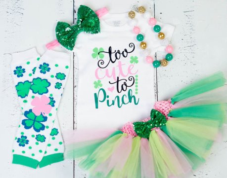 Pink and Green St. Patrick's Day Too Cute to Pinch Glitter Clover Tutu Outfit Set