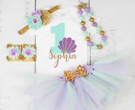 Baby Girls First Birthday Mermaid Seashell Aqua Lavender & Gold Glitter Onesie Tutu Outfit Set