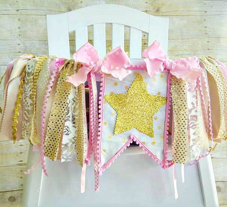 First Birthday Pink and Gold Glitter Star High Chair Banner
