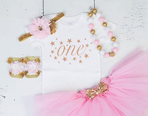 Girls First Birthday ONE Pink and Gold Stars Tutu Outfit