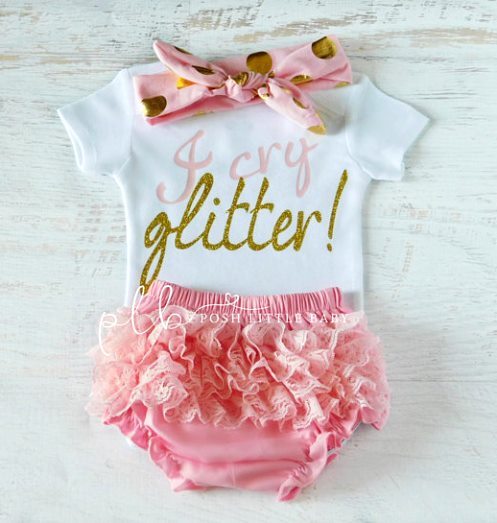 Light Pink and Gold I Cry Glitter Onesie Outfit Set