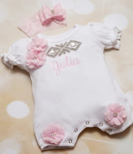 Personalized Infant Baby Girl Bubble Romper & Matching Lace Headband Set