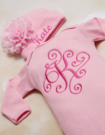 Pink Personalized Baby Girl Flower Gown Set & Matching Hat
