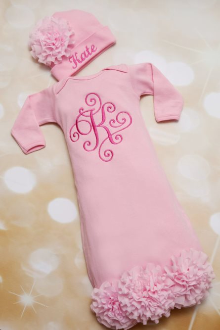 Pink Personalized Baby Girl Flower Gown Set & Matching Hat