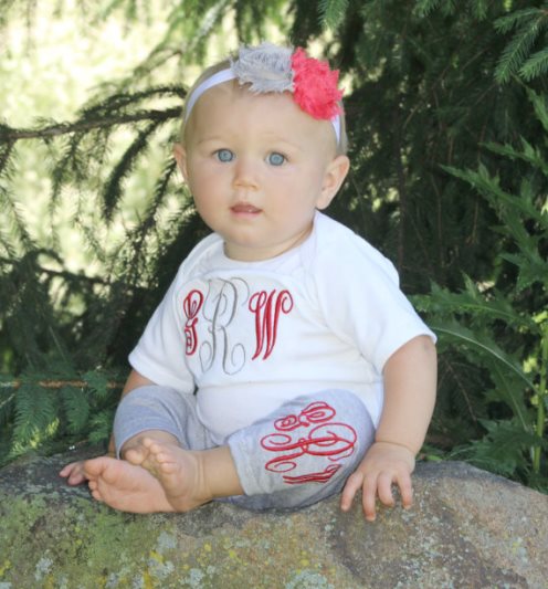 Red & Grey Monogrammed Bodysuit & Leggings Outfit Set with Matching Headband