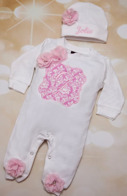 White & Pink Damask Personalized Romper & Hat Outfit Set