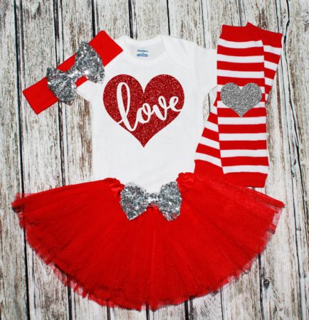 Red and Silver Glitter Heart LOVE Valentines Tutu Outfit Set