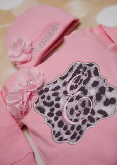 Pink & Grey Personalized Black Leopard Romper Outfit Set with Matching Hat