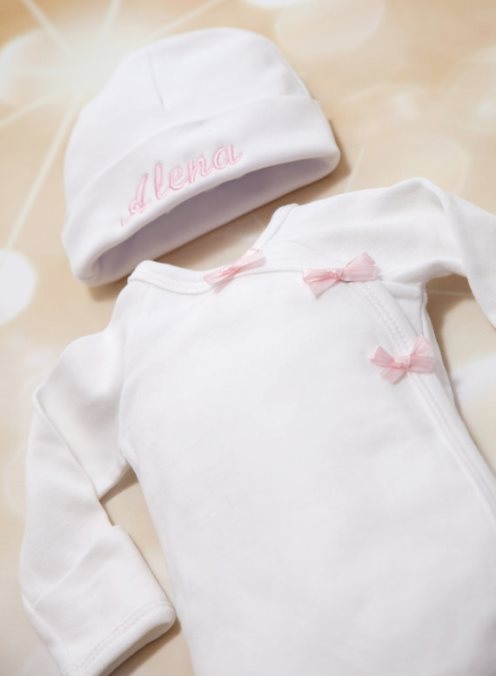 Preemie Personalized Baby Girl White Long Sleeve Onesie With Matching Hat & Mittens