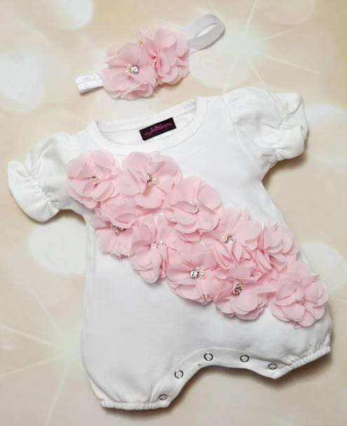 White with Pink Chiffon Flowers Couture Bubble Romper with Matching Headband
