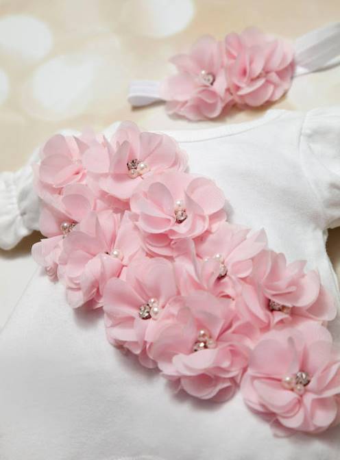 White with Pink Chiffon Flowers Couture Bubble Romper with Matching Headband