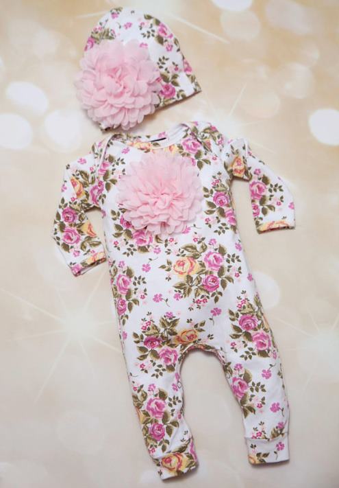 Pink Floral Infant Layette Baby Romper with Matching Flower Hat