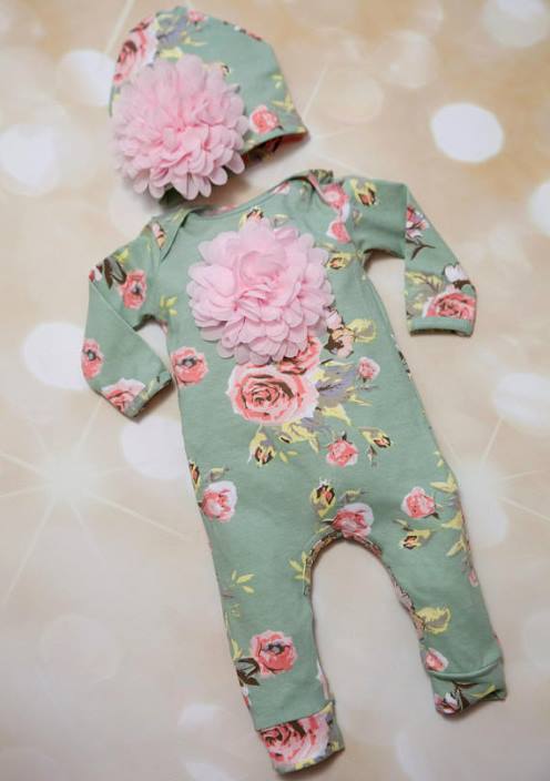 Floral Infant Layette Cotton Baby Romper and Matching Hat
