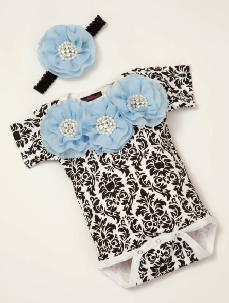 Black Damask Baby Girl Onesie with Blue Rhinestone Flowers & Matching Headband Outfit Set