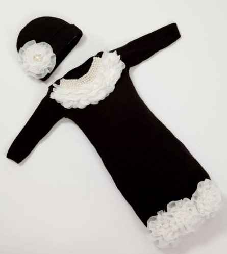 Infant Baby Layette Black Cotton Gown with Pearl Chiffon Collar & Matching Hat Set