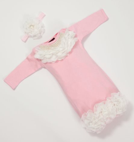 Pink Chiffon Pearl Collar Newborn Layette Gown & Matching Headband Set