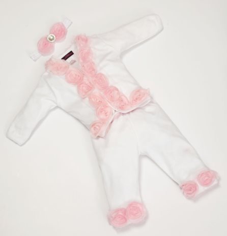 White Baby Girl Pants Set Infant Pants Set with Shabby Chiffon Flowers and Headband