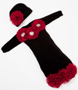 Black Infant Layette Baby Gown with Burgundy Chiffon Flowers & Rhinestones
