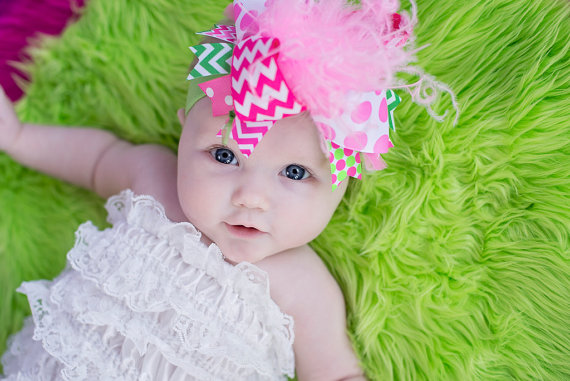 Hot Pink Chevron and Lime Green Over the Top Hair Bow Headband