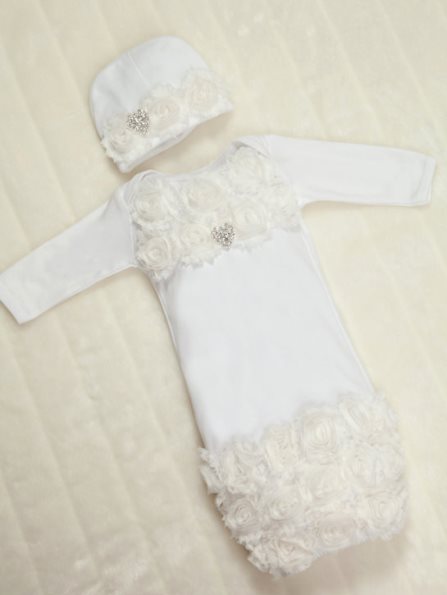 White Cotton Baby Gown with Off White Shabby Chiffon Flowers & Rhinestone Heart Outfit Set