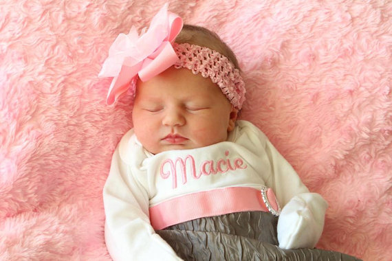 Newborn Girl Take Home Outfit Personalized Layette Gown & Shabby Chic Headband