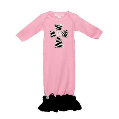 Pink & Black Zebra Flower Bling Cross Layette Gown with Ruffles