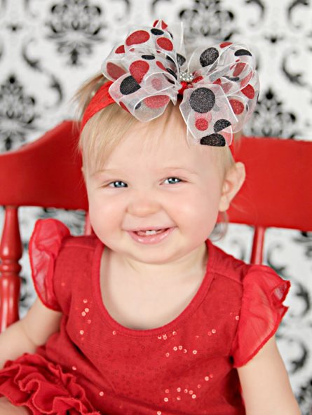 Shimmer Black & Red Dot Double Layered Sheer Hair Bow on Lace Headband