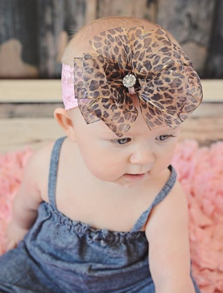 Sheer Leopard Pink Lace Rhinestone Hair Bow Headband