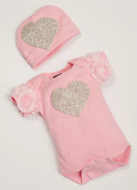 Pink Infant Baby Girl One Piece Set with Chiffon & Rhinestone Heart