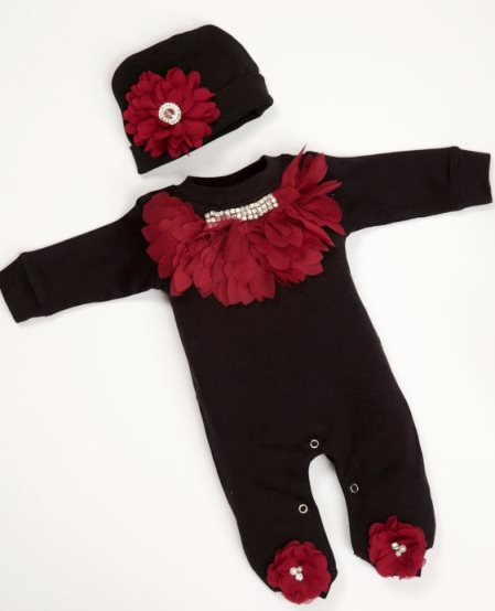 Baby Girl Romper Infant Black Cotton Romper with Burgundy Chiffon Rhinestone Collar & Matching Hat