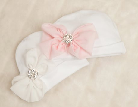 White Infant Baby Girl Newborn Beanie Hospital Hat with Rhinestone Chiffon Bow