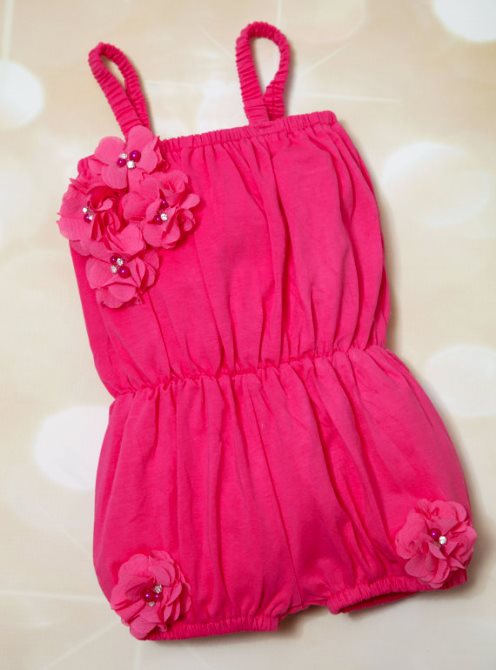 Hot Pink Baby Girls Cotton Romper with Chiffon Flowers