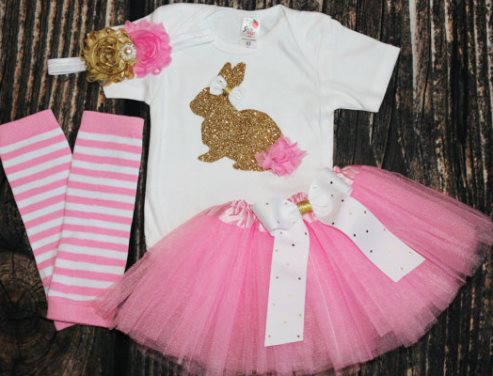 Pink & Glitter Gold Easter Bunny Tutu Outfit Set