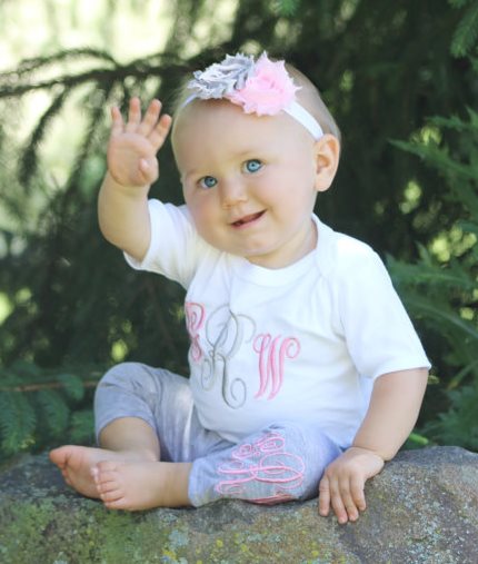 Pink & Grey Monogrammed Bodysuit & Leggings Outfit Set with Matching Headband