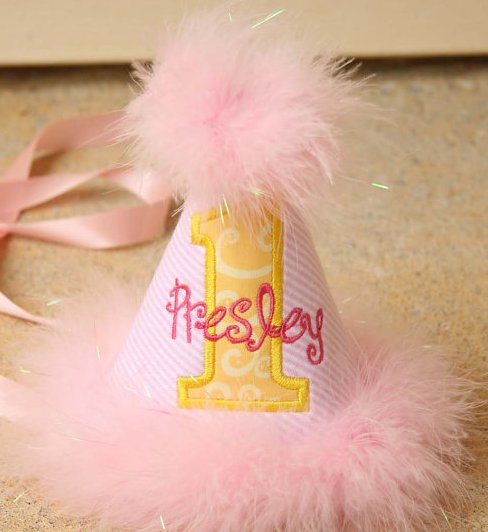 Pink Yellow Stripes & Swirls First Birthday Party Hat