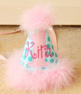 Aqua Ta Dot & Pink Girls First Birthday Party Hat