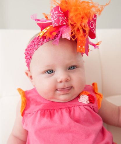 Shocking Pink and Orange Feather Swirl Over The Top Hair Bow Headband
